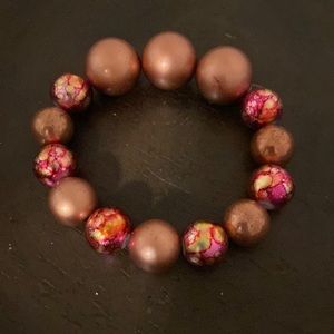 Statement Copper Tone and Pink Beaded Stretch Bracelet